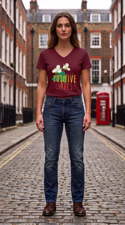 WOMEN'S - Deep V Neck T-SHIRT - BURGANDY