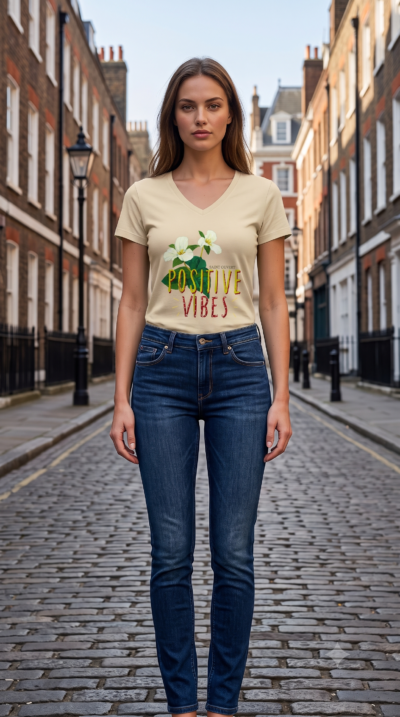 WOMEN'S - Deep V Neck T-SHIRT - BEIGE