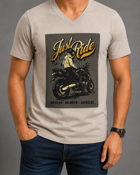 Beige Deep V-Neck Pure Cotton T-Shirt