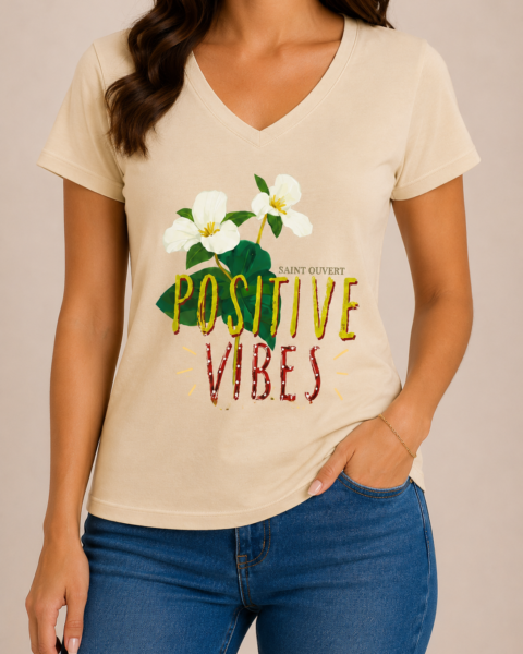 Beige Deep V-Neck Pure Cotton T-Shirt