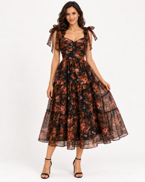 Brown Print Organza Dress