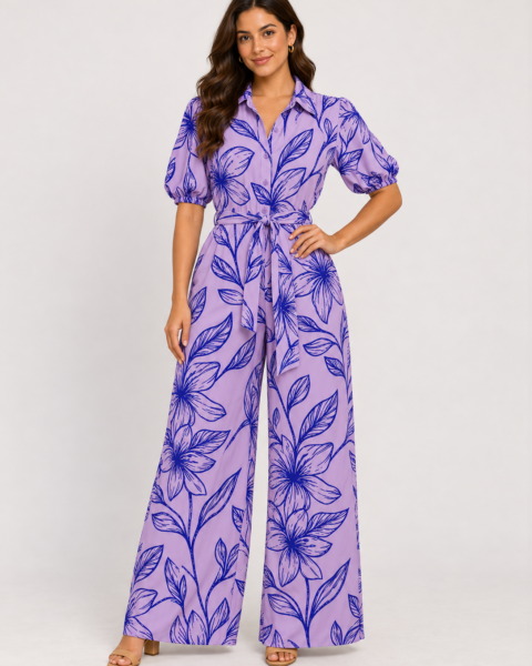 Purple Print Moss Crepe Jumpsuit