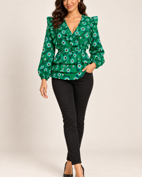 Green Print Crepe Top