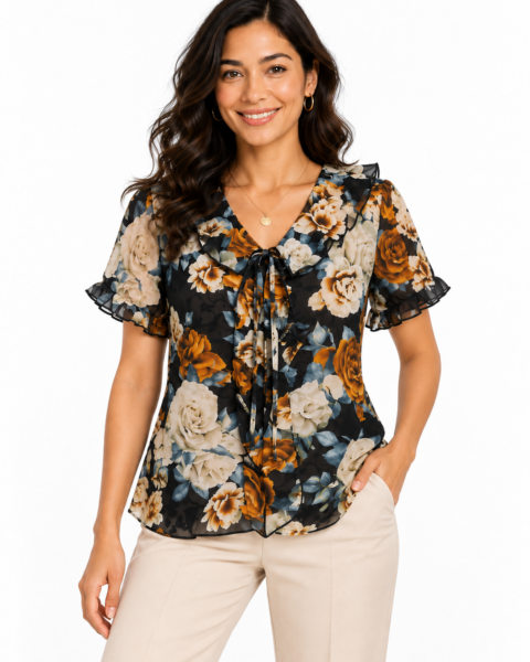 Black Print Crepe Top