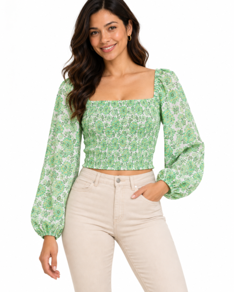 Light Green Print Crepe Top