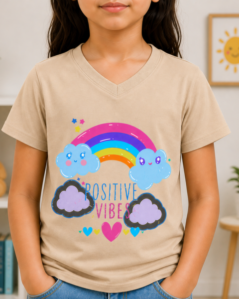 Beige Positive Vibes Printed Girls T-Shirts