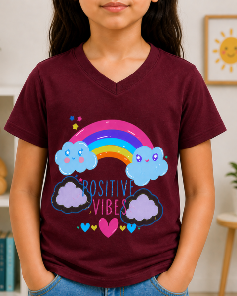 Maroon Positive Vibes Printed Girls T-Shirts