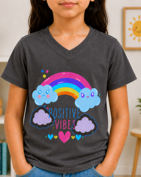 Grey Positive Vibes Printed Girls T-Shirts