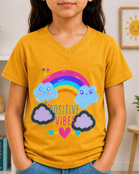 Mustard Yellow Positive Vibes Printed Girls T-Shirts