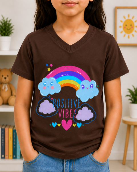 Brown Positive Vibes Printed Girls T-Shirts
