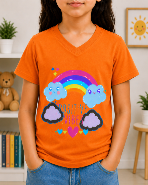 Orange Positive Vibes Printed Girls T-Shirts