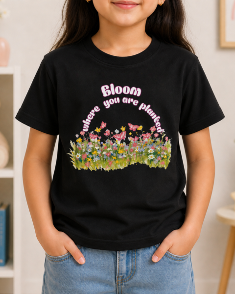 Black Bloom Printed Girls T-Shirts