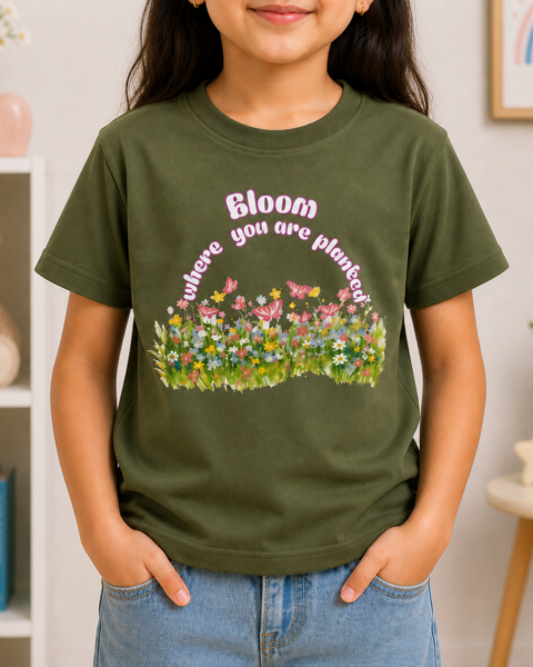 Green Bloom Printed Girls T-Shirts