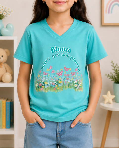 Turquoise Bloom Printed Girls T-Shirts