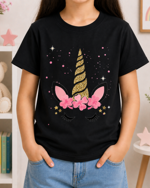 Black Unicorn Printed Girls T-Shirts
