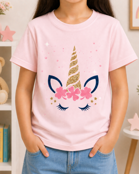 Pink Unicorn Printed Girls T-Shirts