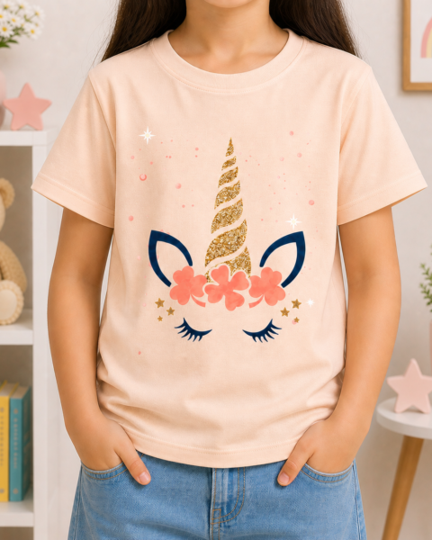 Peach Unicorn Printed Girls T-Shirts