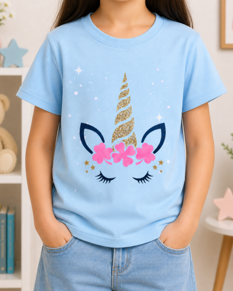 Blue Unicorn Printed Girls T-Shirts