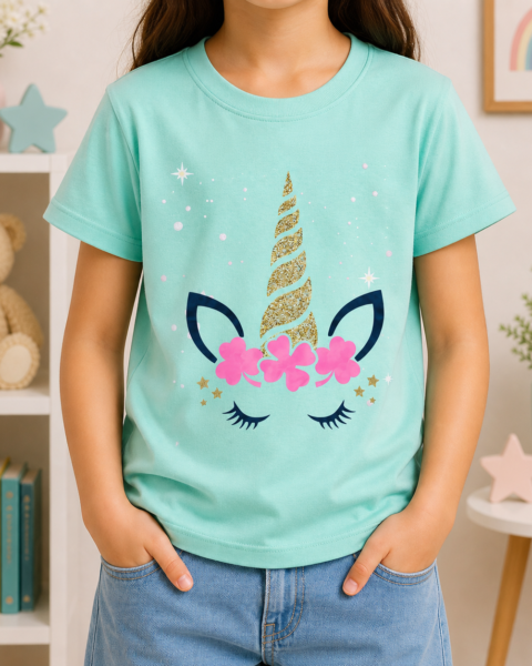 Green Unicorn Printed Girls T-Shirts