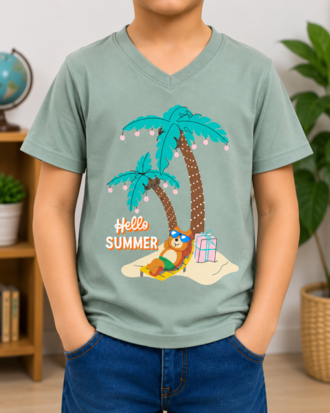 Sage Green Hello Summer printed Boys T-Shirts