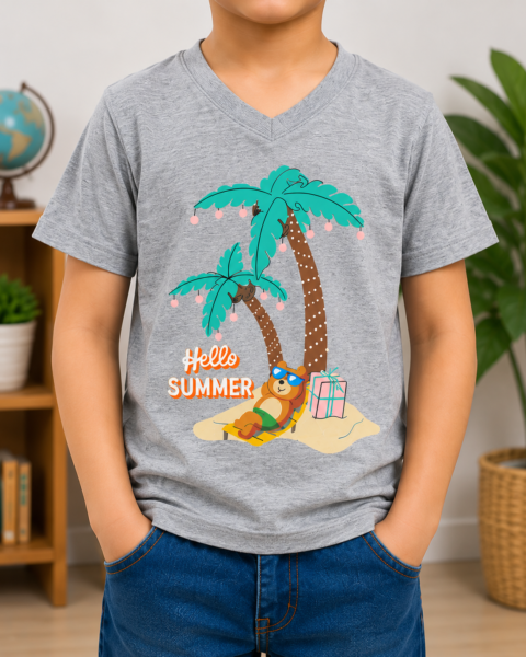 Grey Hello Summer printed Boys T-Shirts