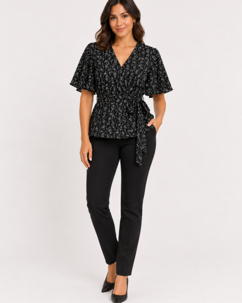 Black Print Crepe Top